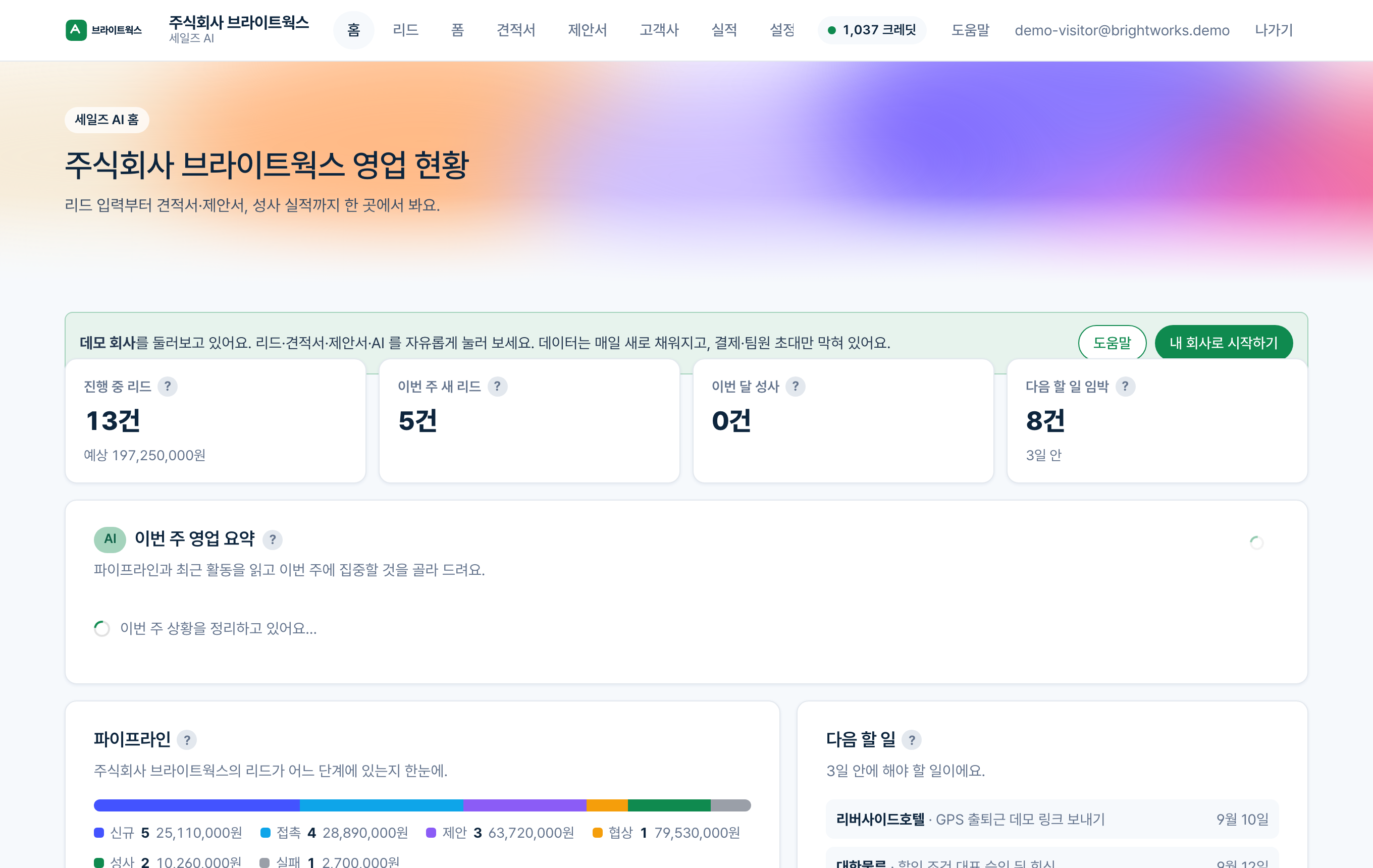 홈 — 영업 현황 · 이번 주 영업 요약 · 파이프라인