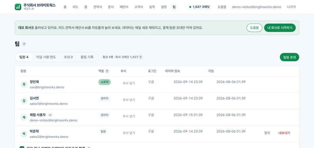 팀 · 역할 · 부서 · 한도 실제 화면